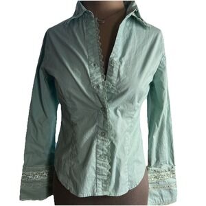 Cotton Express Blouse Lace Trimmed Romantic Boho M crochet‎ Trim Festival Moss